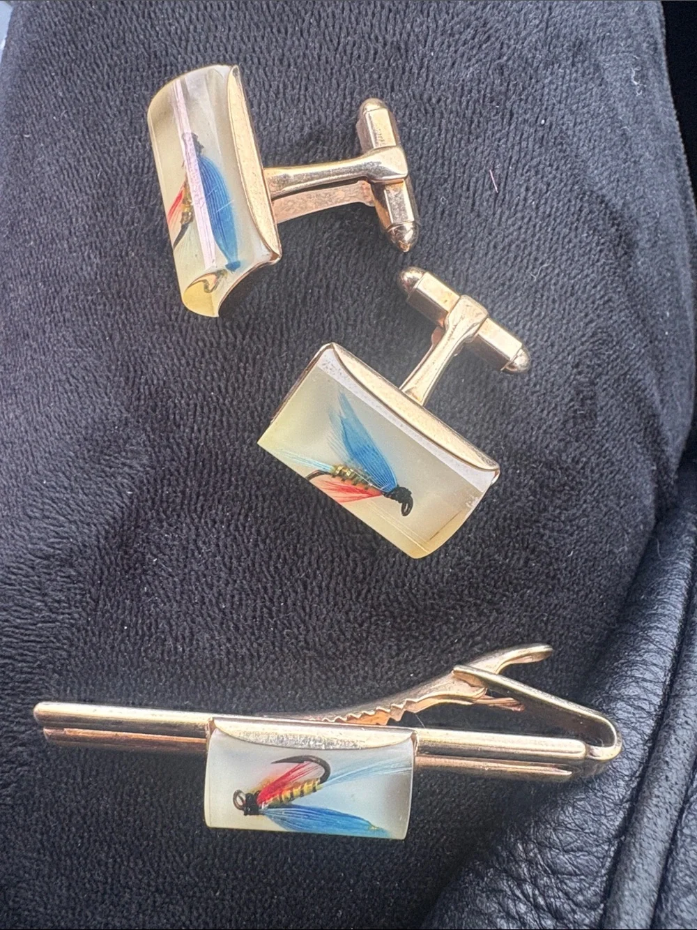 Blue Fishing Fly Vintage cufflinks and a tie pin